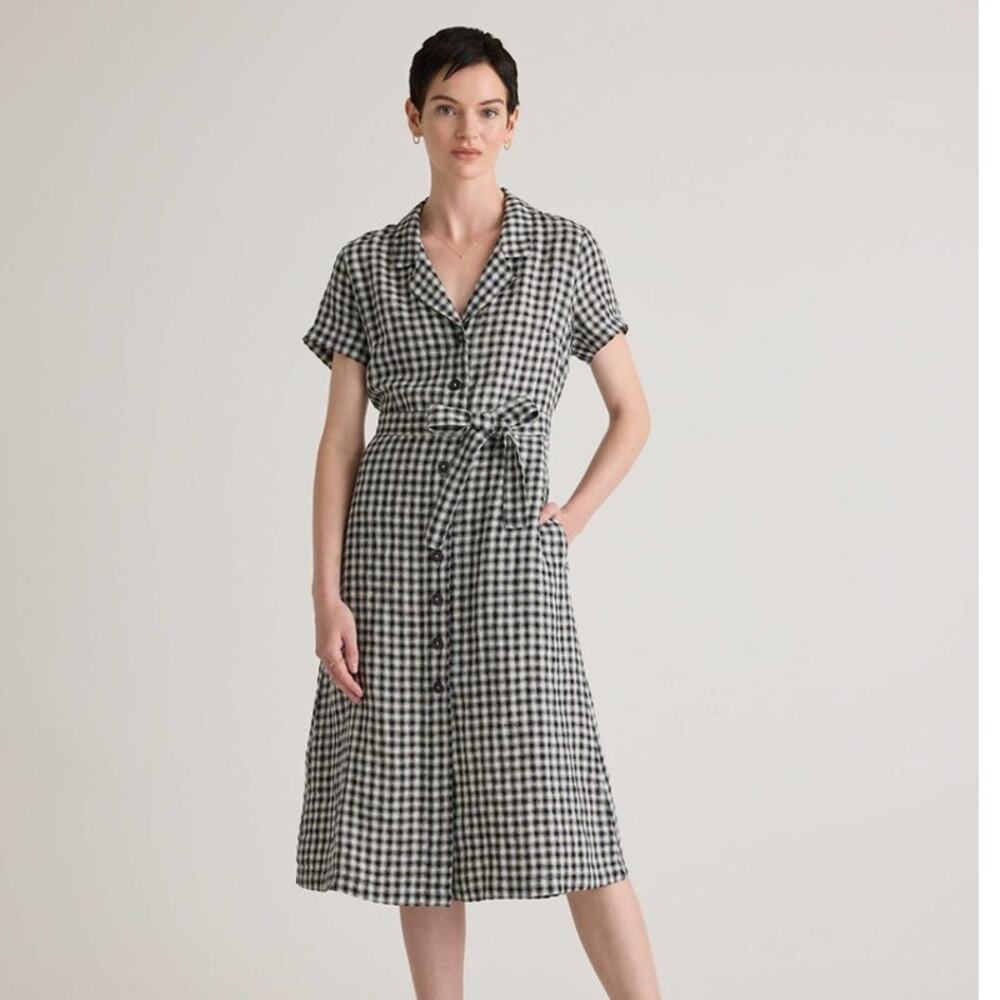 Quince European Linen Midi Button Front Dress Large Ivory Black Gingham Academia